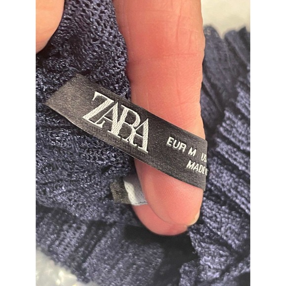 Zara Size M Accordion Pleated Bell Sleeve Blouse Ruffle High Neck Sheer Blue - Picture 7 of 8